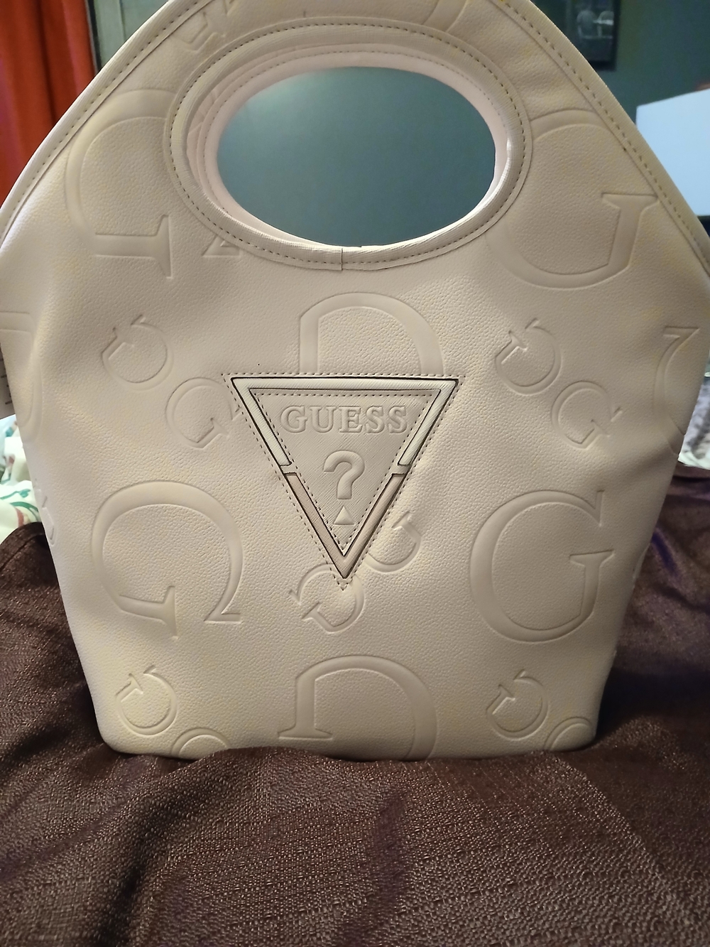 GUESS White Embossed Logo Lunch Tote Bag